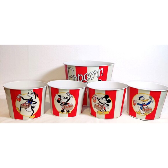 5 Disney World Tin Popcorn Buckets Vintage Minnie, Goofy, Donald Duck, Mickey - Picture 1 of 16